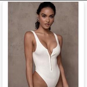 JLUXLABEL white christal gold zip front bodysuit